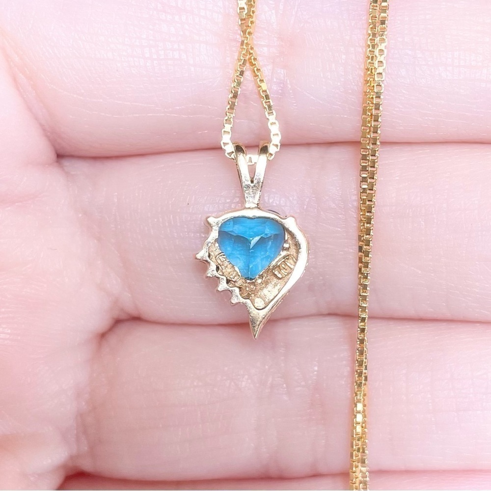 london blue topaz heart cut 10k solid yellow gold open heart diamond pendant - Picture 5 of 9